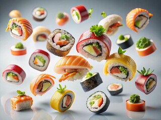 Levitating Sushi: Delicious Japanese Cuisine Floating on Light Background