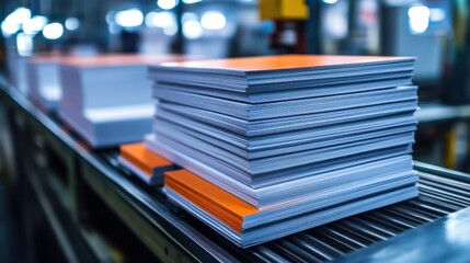 Stacked Paper Reams in a Modern Printing Facility with Conveyors