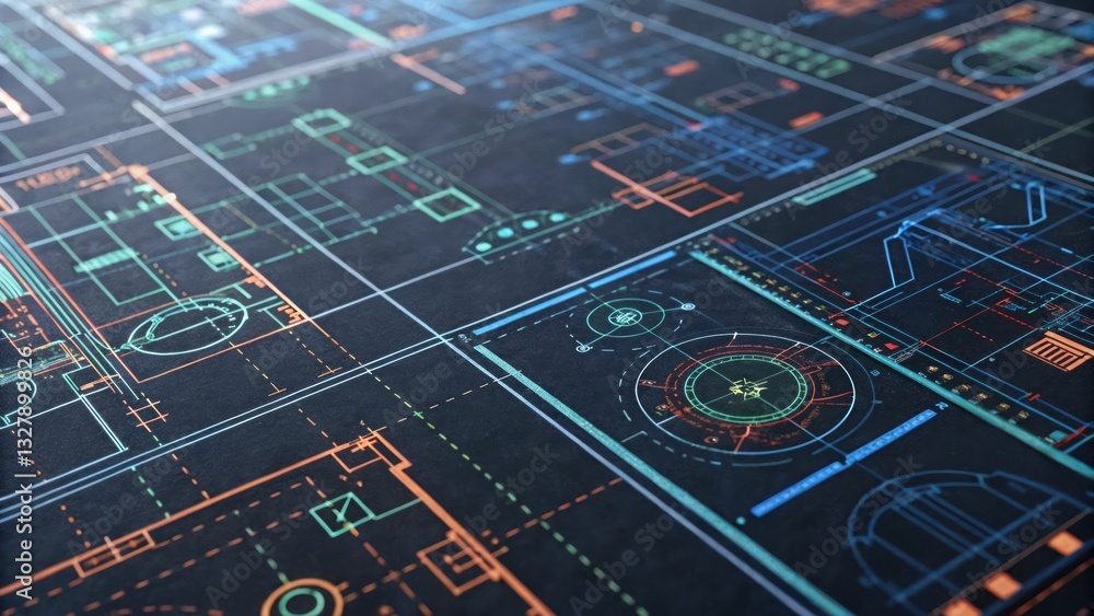 Poster detailed blueprint design with intricate lines and shapes representing engineering and innovation