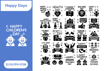 Happy Day Greetings Glyph Icon Set, Collection of 25 Happy Day Greetings Gkyph Icon Set – 25 Celebration, Smile, and Festive Icons