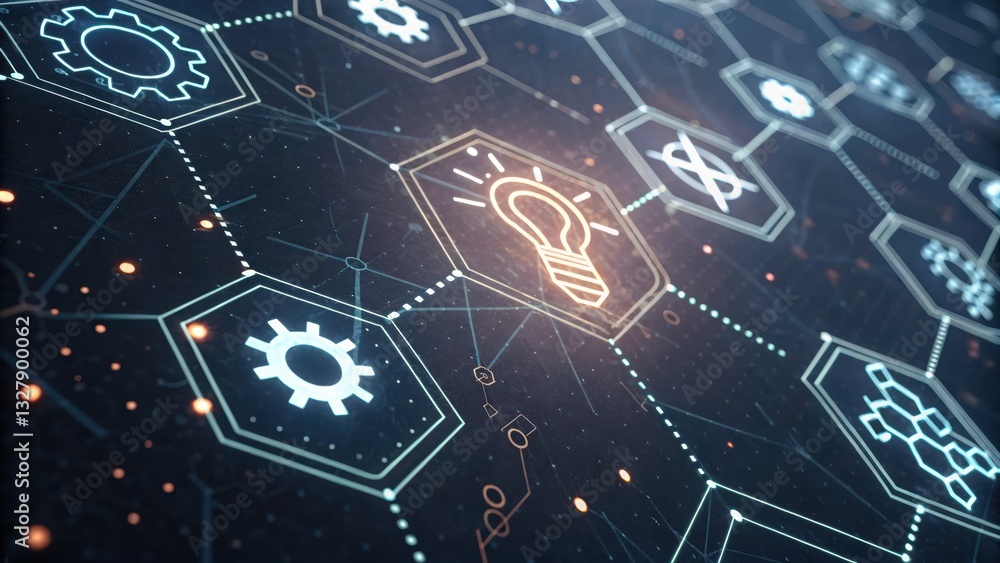 Poster computer circuit illuminated by light representing innovation and technological progress in electron