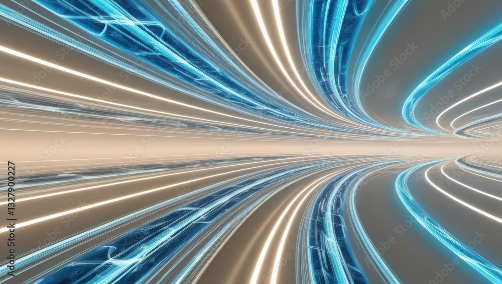 Poster glowing tunnel of light creating an abstract visualization of high-speed algorithmic innovation flow