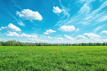 Fototapeta premium Expansive Green Meadow Under Bright Blue Sky with Fluffy Clouds and Gentle Breeze in a Serene Nature Landscape Ideal for Tranquil Outdoor Settings
