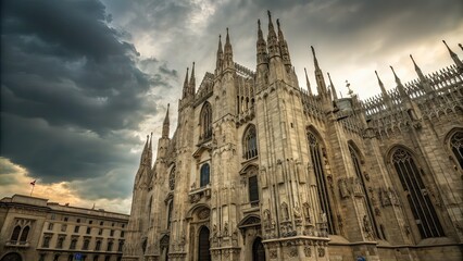 Fototapeta premium Milan Cathedral Under A Dramatic Stormy Sky, Its Intricate Gothic Architecture Reaching For The Heavens, A Breathtaking Testament To Faith And Artistry
