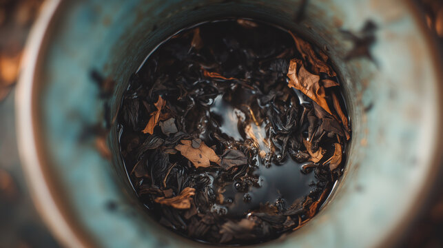 Close-up of tea leaves at the bottom of a cup, forming cryptic patterns.