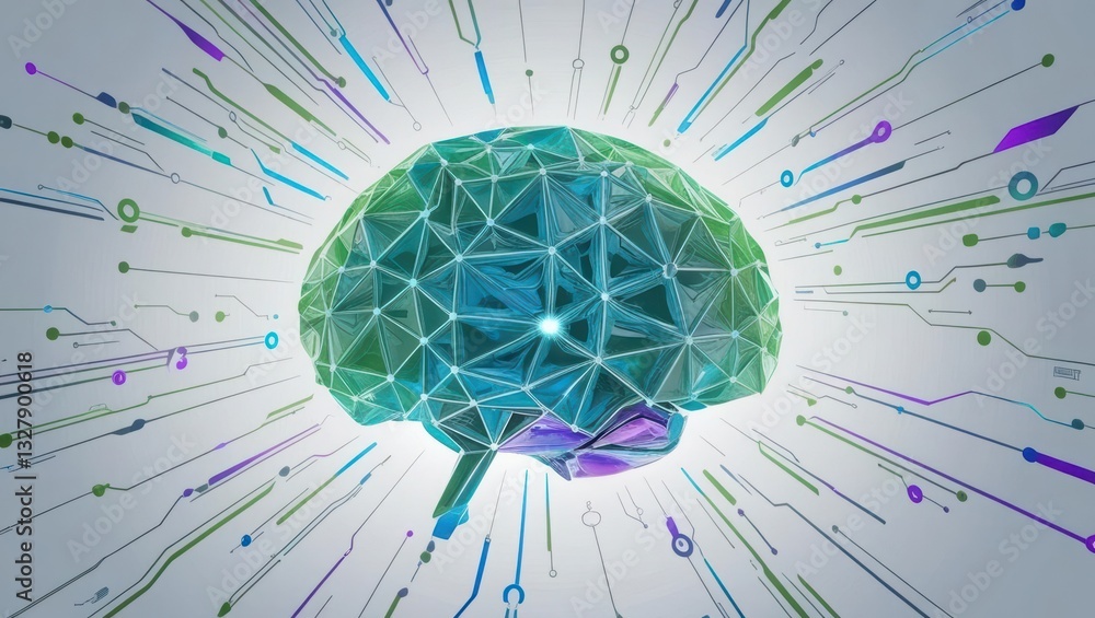 Poster brain surrounded by colorful lines representing quantum inspired mind mapping in futuristic design