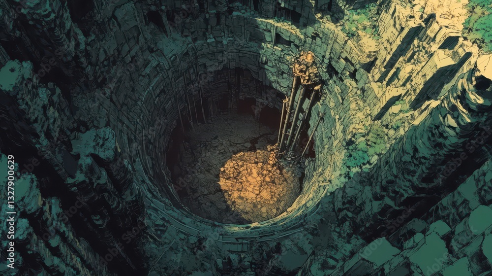 Poster a deep circular chasm with pipes and stone architecture details