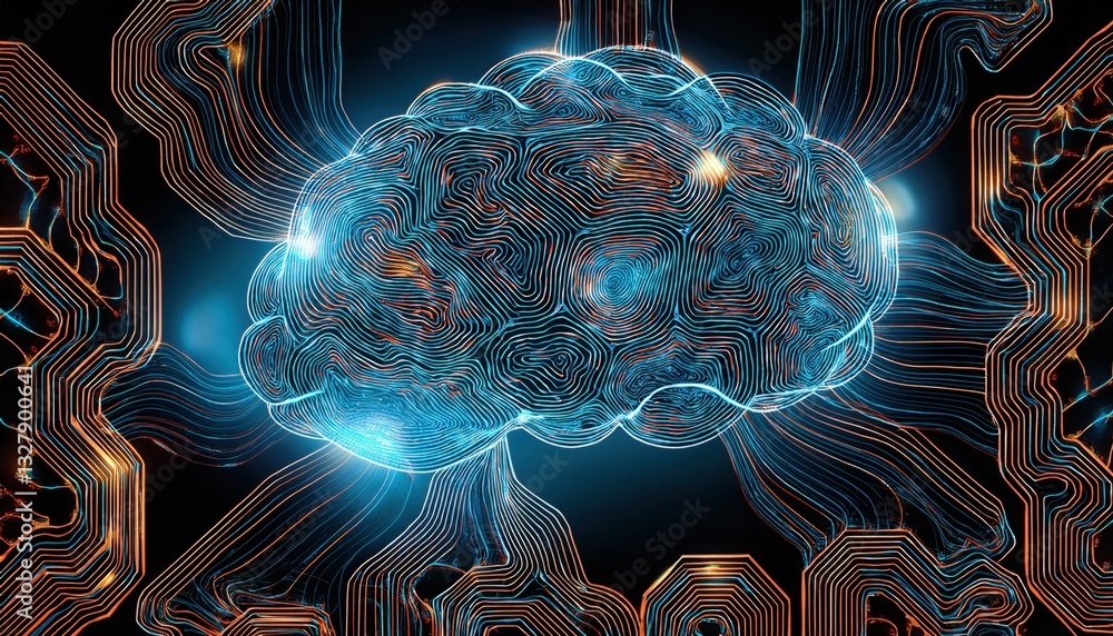 Poster brain encased in a circuit design illustrating quantum inspired mind mapping in abstract concept