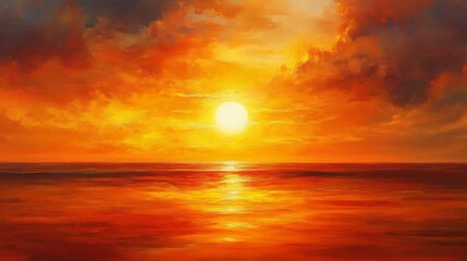 Obraz premium Fiery Orange Sunset Over Calm Ocean Water