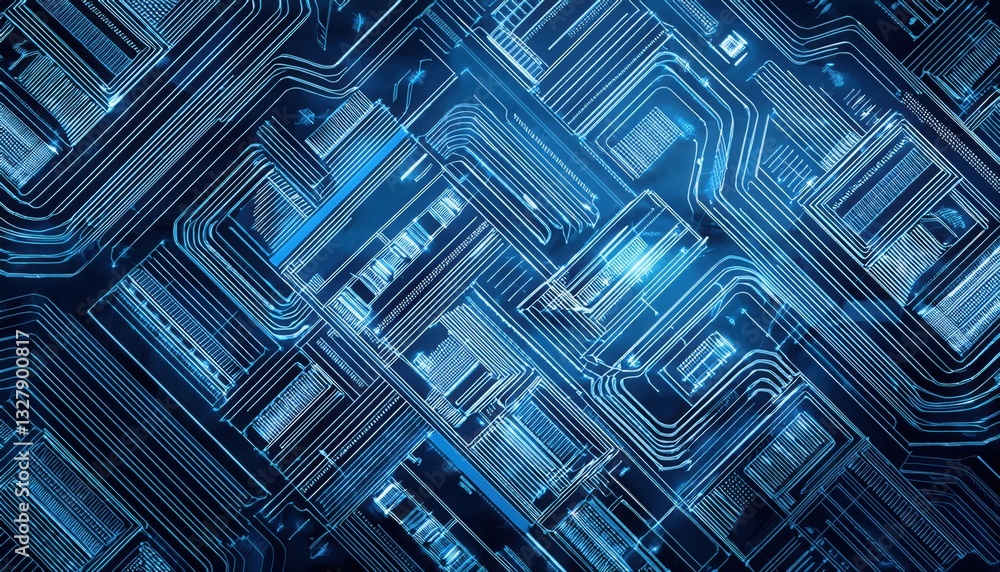 Poster computer circuit design highlighting high-tech structural overlays and futuristic innovation concept