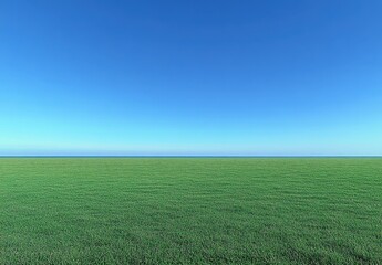 Obraz premium Expansive Lush Green Grass Field Under Clear Blue Sky with Ocean Horizon in Background for Scenic Natural Landscape Photography