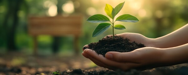 Hands holding a small plant growing in sunlight, celebrating world environment day and promoting environmental conservation