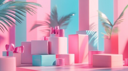 Vibrant Display of Gift Boxes and Leaves in Soft Pastel Colors