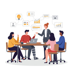 Fototapeta premium Business team discussing strategies with charts in flat vector illustration