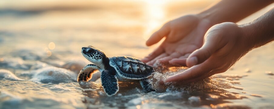 Biologist protecting baby sea turtle entering ocean at sunset, promoting wildlife conservation and celebrating world environment day
