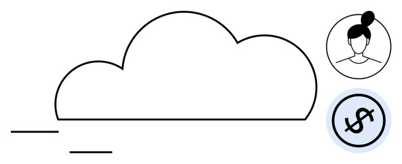 Minimalist cloud with lines indicating movement, user avatar, and dollar sign inside a circle. Ideal for digital storage, user account, online subscription, internet service, cloud computing, data