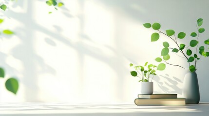   Two vases perched atop a table, alongside verdant foliage resting on a book