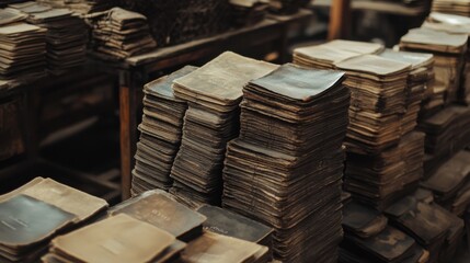 Fototapeta premium Vintage Collection of Stacked Old Leather-Bound Books in Workshop