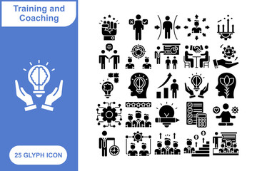 Training and Coaching Glyph Icon Set, collection of 25 Training and Coaching Glyph Icon Set – 25 Skill, Learning, and Development Icons
