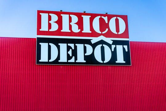 Seville, Spain; 02-06-2025: Exterior view of Brico Depot home improvement retail store with logo sign on facade.