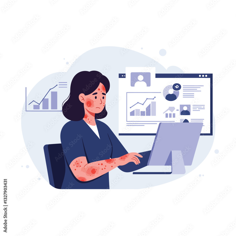 Poster person working on computer with charts in flat vector illustration