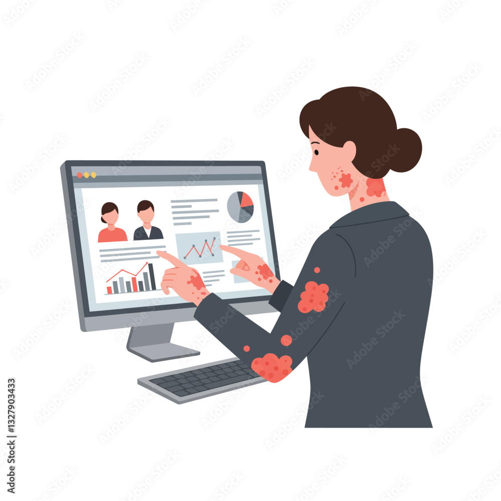 Poster person interacting with computer displaying data in flat vector illustration