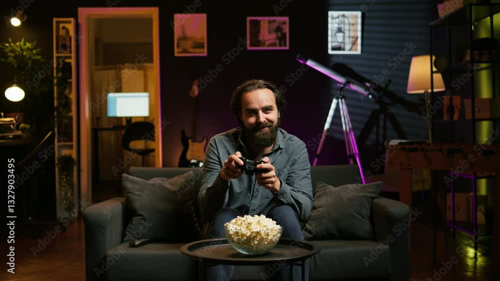 Poster excited man holding controller in neon illuminated apartment, playing videogames. happy gamer on cou