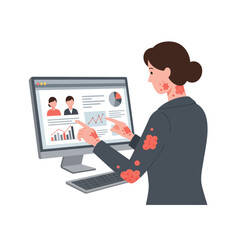 Person interacting with computer displaying data in flat vector illustration