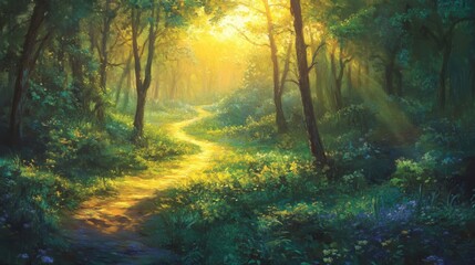 Fototapeta premium Sunlit Path Through Lush Green Forest