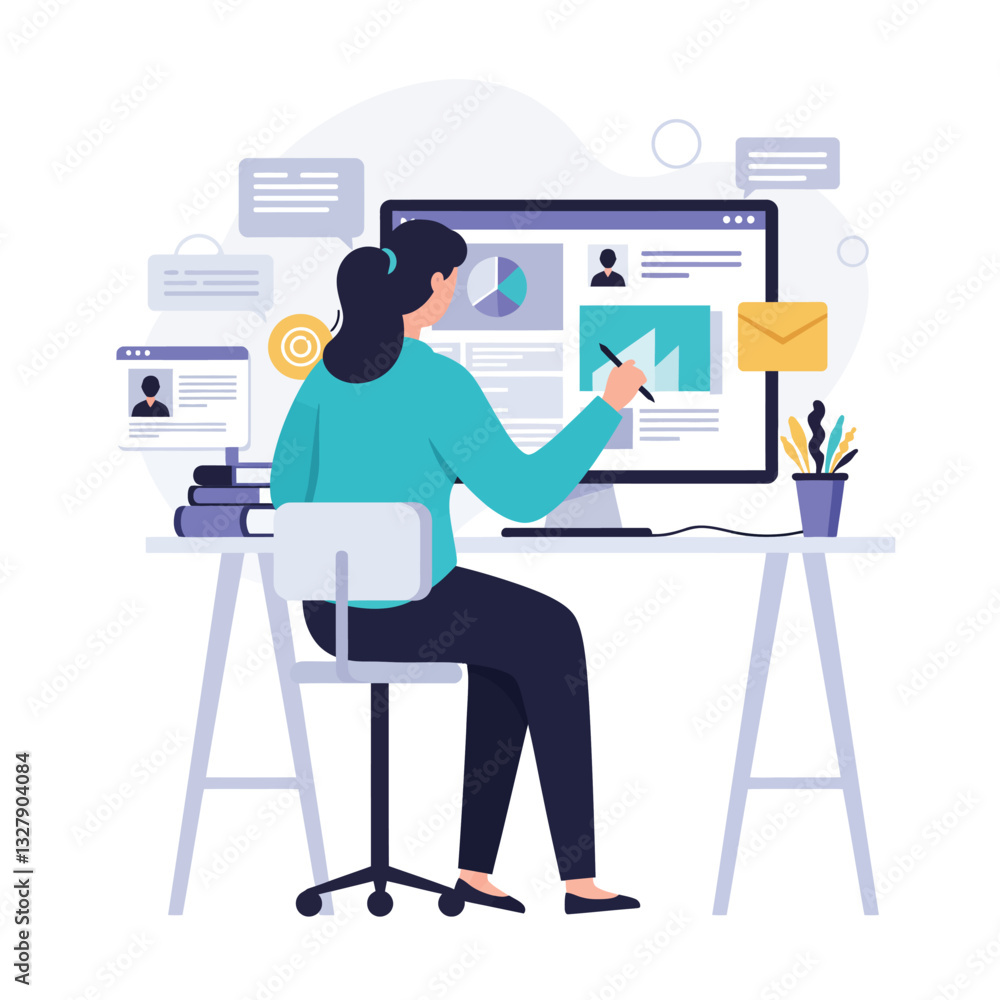Poster woman using computer to analyze data in flat vector illustration