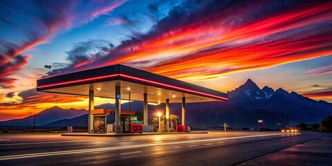 Fototapeta premium Lone Gas Station at Dusk, Majestic Mountain Range Background - Long Exposure Stock Photo