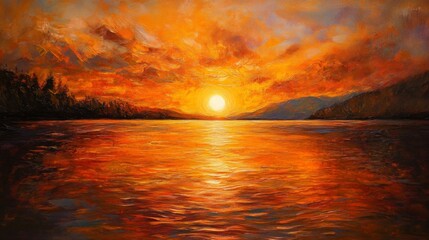 Fiery Sunset Over Calm Lake Water