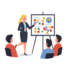 Business presentation with a woman explaining concepts in a minimal vector illustration