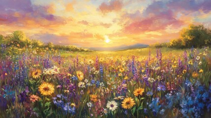 Naklejka premium Vibrant Sunset over a Colorful Wildflower Meadow