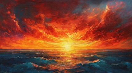 Fototapeta premium Fiery Sunset Over Ocean Waves Painting
