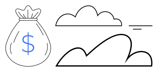 Bag with dollar sign, two minimalist clouds, and simple motion lines suggest finances, growth, or opportunities. Ideal for wealth, savings, cloud technology, business economy growth concept flat