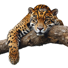 Naklejka premium Majestic Jaguar Relaxing on Tree Branch in Tropical Environment