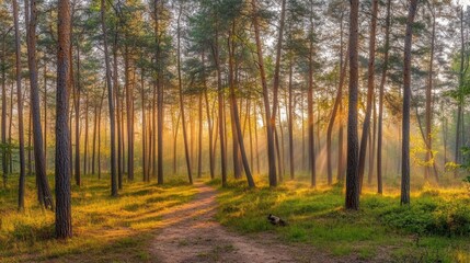 Obraz premium Sunlight streams through trees on a path in a lush forest