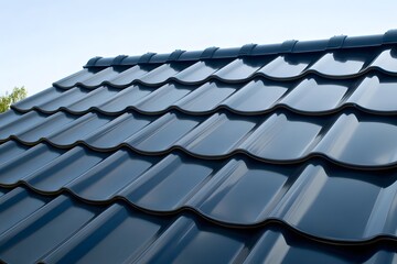 Close-up view of dark blue metal roof tiles, new house roofing, modern building exterior