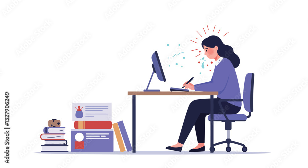 Poster woman working at desk with computer in flat vector art style