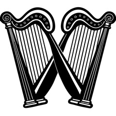Harps Black Vector Illustration - Musical Instrument Clipart Design