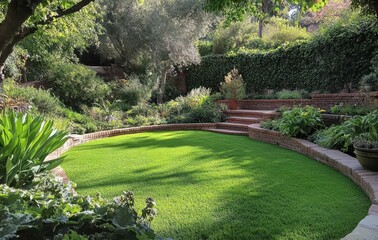 Naklejka premium Lush Green Backyard Garden with Curved Lawn, Stone Steps, and Vibrant Shrubs Under a Bright Blue Sky in a Peaceful Outdoor Setting