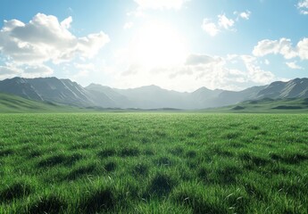 Fototapeta premium Lush Green Field Under a Bright Sky with Mountains in the Background and Soft Clouds Illuminating the Landscape in Vibrant Nature Scene