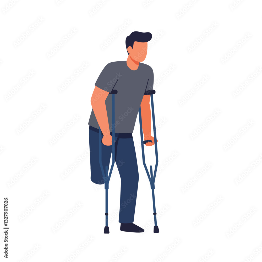 Poster man using crutches in a flat design style vector illustration