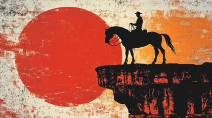 A cowboy rides his horse near a big red sun at sunset