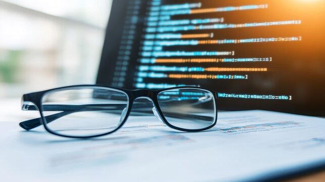 Glasses over documents with coding display on a laptop in a bright office