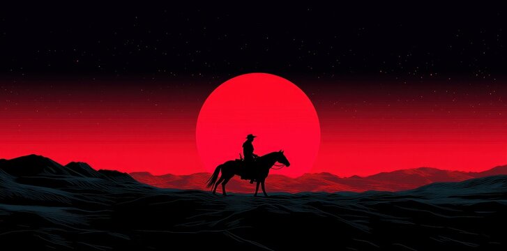 A silhouette cowboy riding horse towards the enormous red setting sun