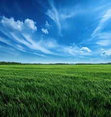 Lush Green Field Under Bright Blue Sky with Wispy Clouds and Beautiful Light Reflection Illuminating Natural Landscape Serenity