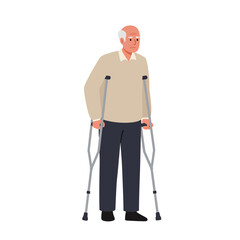 Elderly man using crutches in flat minimal vector illustration style