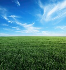 Fototapeta premium Lush Green Field Under Bright Blue Sky with Wispy Clouds and Vibrant Colors, Perfect for Nature Lovers and Landscape Photography Enthusiasts